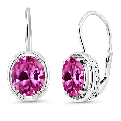 Gem Stone King 4.80 Cttw Pink Created Sapphire Dangle Earrings For Women | 925 Sterling Silver | Oval 9X7MM
