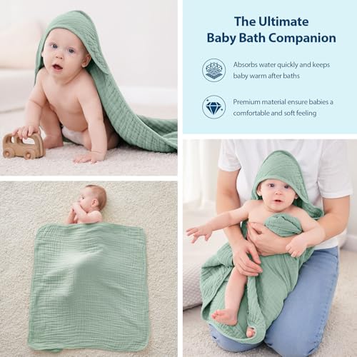 Image of Unnivoll Hooded Baby Towels for Newborn - 2 Pack, 100% Muslin Cotton, Baby Bath Towels with Hood, Soft and Absorbent for Boys, Girls Infant, Toddler and Kids, Large 32x32 Inches, Newborn Essential