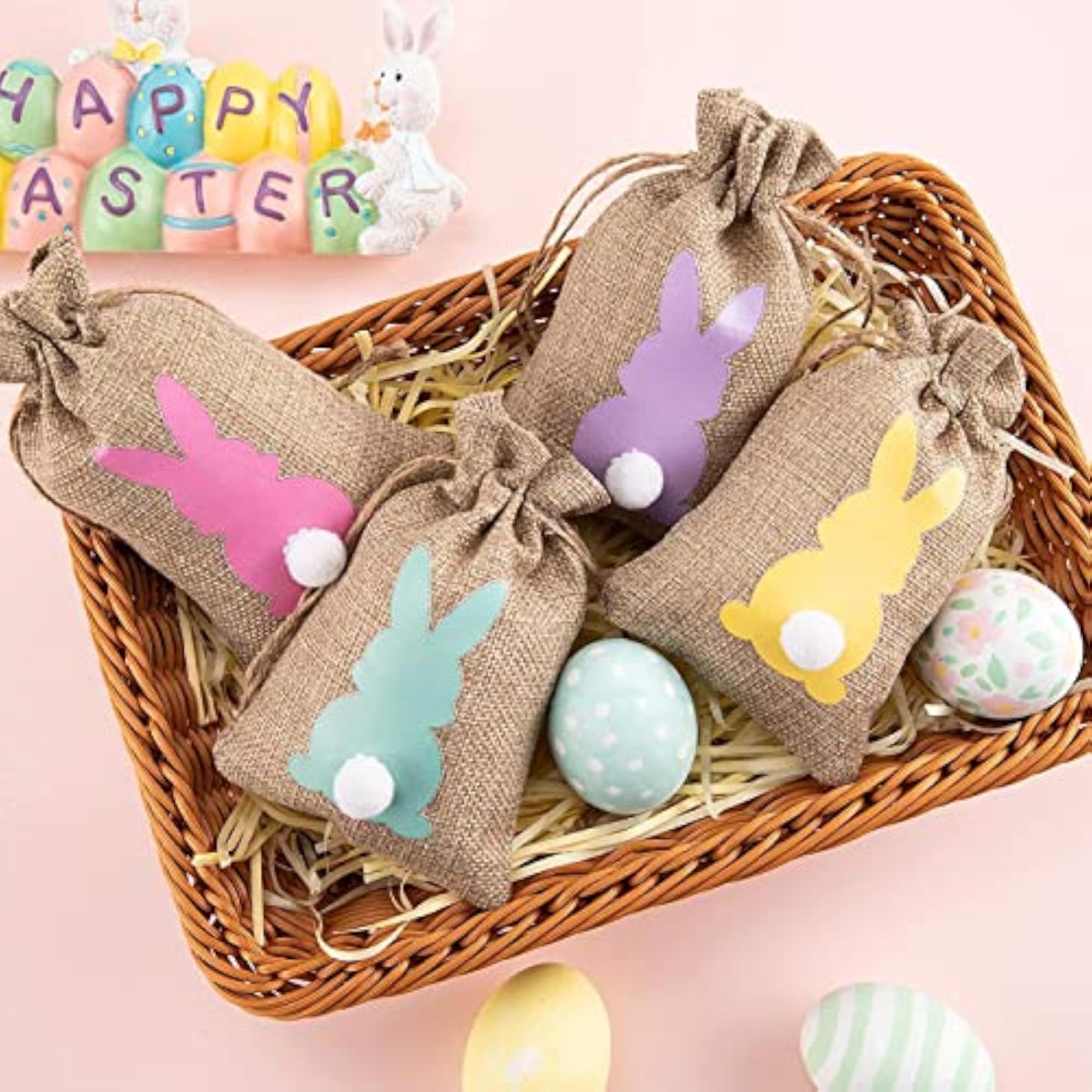 Easter Bunny Decor Drawstring Burlap Bag, 14x10cm, Party Favors