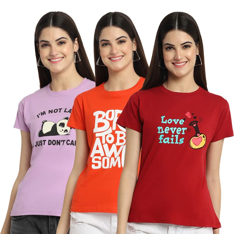 Image of Preneum Women's Cotton Regular Fit Graphic Stylish Printed Short Sleeves Casual T-Shirt || Trendy Designs (Pack 3), Purple & Orange & Red, S