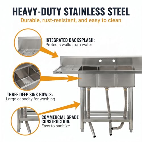 Image of Freestanding Stainless Steel Utility Sink with Hot & Cold Pull-Out Faucet, Large Capacity Laundry Sink with Storage Shelf & Drain Kit for Garage Kitchen Backyard Commercial Use