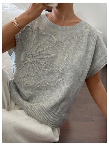 Verdusa Women's Anthropology Floral Summer Sweaters Vest Cap Sleeves Crew Neck Knit Tops4