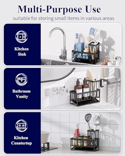 Kitsure Sponge Holder for Kitchen Sink - Rustproof Stainless Steel Sink Caddy Organization and Storage Essentials with High Brush Holder, Home Decor Accessories, 7.9 x 3.7 x 6.2, Black