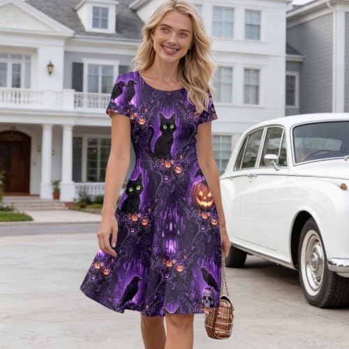 Image of POLERO Women Puffy Swing Elegant Party Midi Dresses Short Sleeve Round Neck A-Line Dress