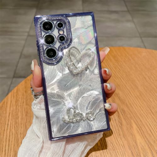 Coque Samsung S24 S23 S22 Ultra Antichoc Paillettes et Housse Violette Plumes
