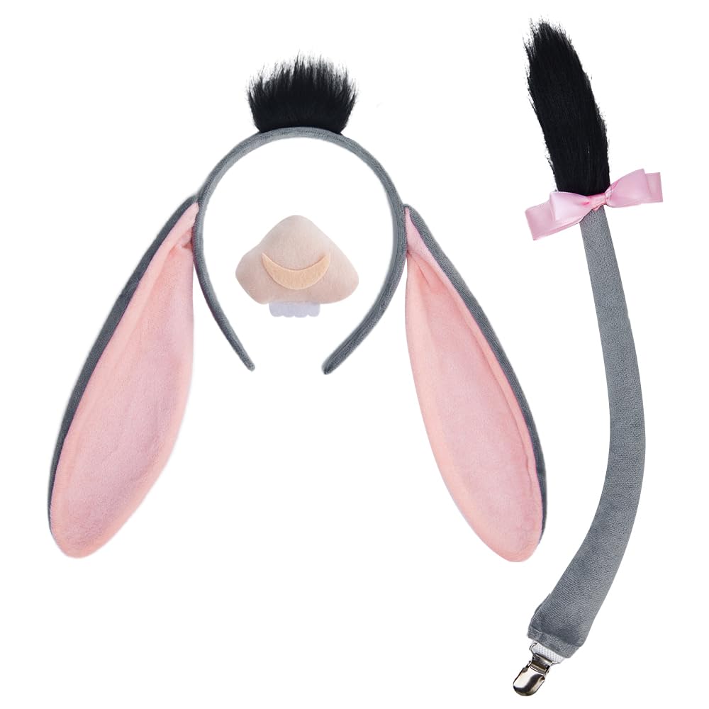 Coinmor Donkey Cosplay Costume Accessories Adult Donkey Tail Ears Nose Suit Halloween Outfit Props Set 3Pcs (Grey, One size)
