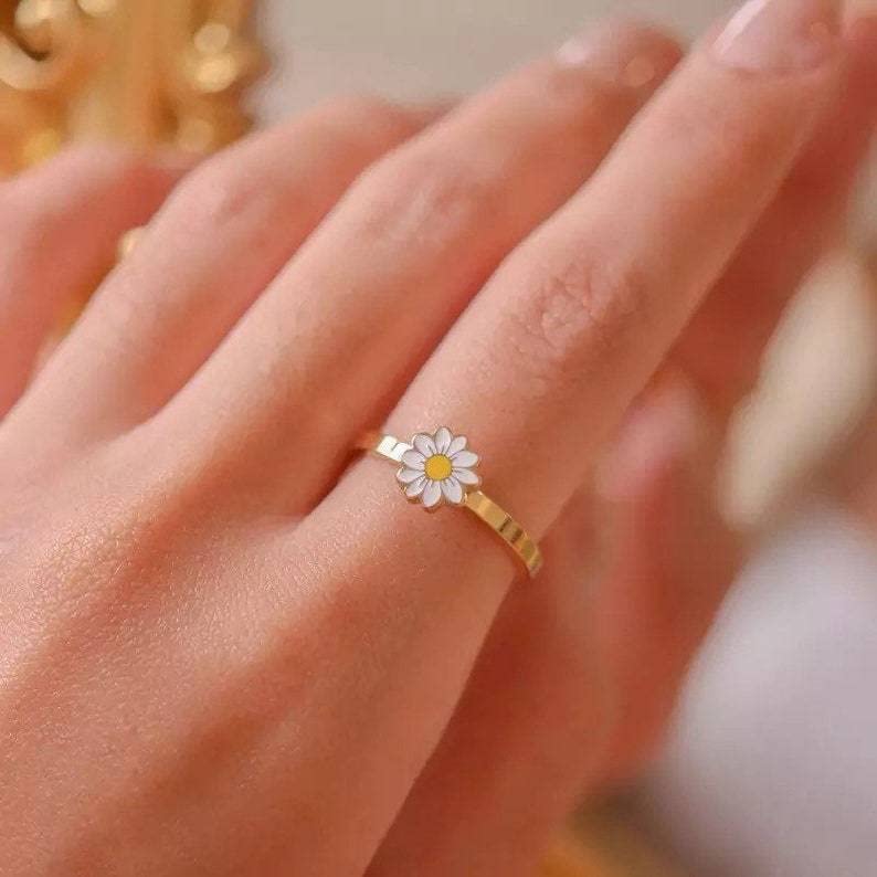 Tiny Daisy Flower Fidget Spinner Rings for Women Sterling Silver Plated Anxiety Rotate Freely Stress Relief Open Stacking Finger Ring Eternity Promise Statement Fashion Sweet Calming Jewelry Gifts Birthday Bff4