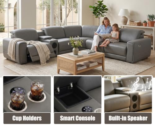 Image of Power Recliner Sectional Sofa, L-Shaped Living Room Furniture Set, Reclining Sectional Couch with Storage Console /Cup Holder for Living Room /House /Apt (Grey, 5 Seater)