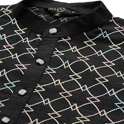 Image of SOJANYA, Men's Silk Blend NavyBlue Kurta with Multi Color Embroidery and Off-White Pyjama