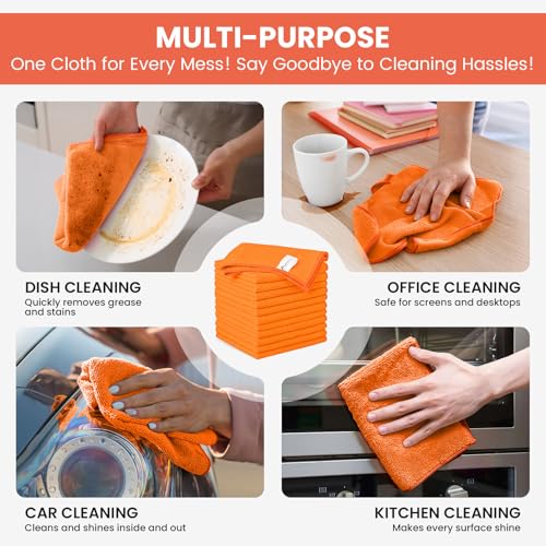Image of SIFANGKE Microfiber Cleaning Cloth, 12 Pack Orange Cleaning Rags for Housekeeping, Reusable Microfiber Towels for Car, Kitchen, Bathroom and Household Cleaning Supplies, 11.8 inchX11.8 inch