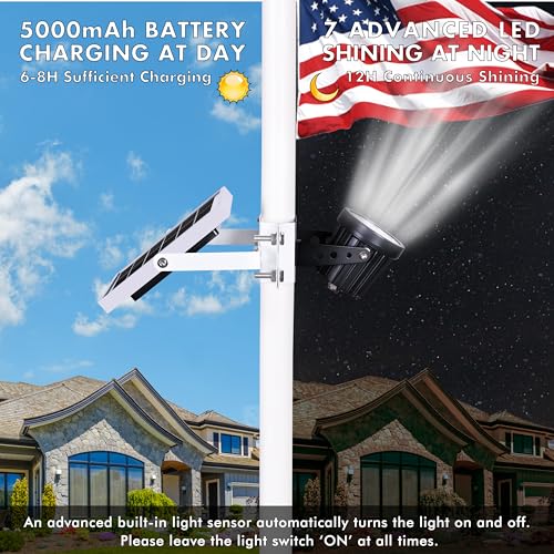 Ppq Solar Flag Pole Light,New 7 Led 10000H Lifespan Solar Powered Spotlight 12H/5W Outdoor Waterproof, Fits 1.6 Inch-3.2 Inch Flagpoles & Inground & Wall thumb #5