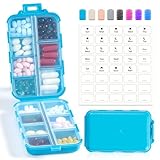 14 GRIDS Travel Pill Organizer Box with Labels - Travel Medicine Case Kit - Pocket Daily Pharmacy Container - Travel Medication Holder Dispenser for Fish Oil Vitamin Supplement Storage - Blue