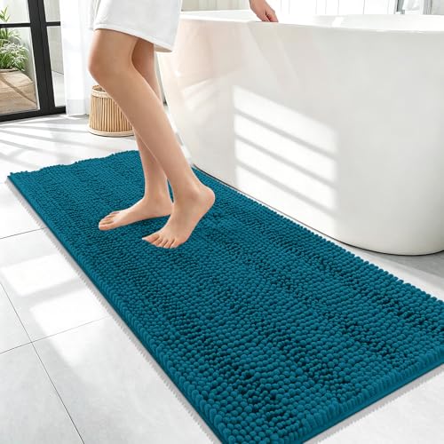 Image of OLANLY Thick Bathroom Runner Rugs 47x17, Extra Absorbent Chenille Striped Bath Rugs, Rubber Backing, Machine Wash Dry, Long Bath Mats for Bathroom, Tub and Shower, Home Decor Accessories, Peacock Blue