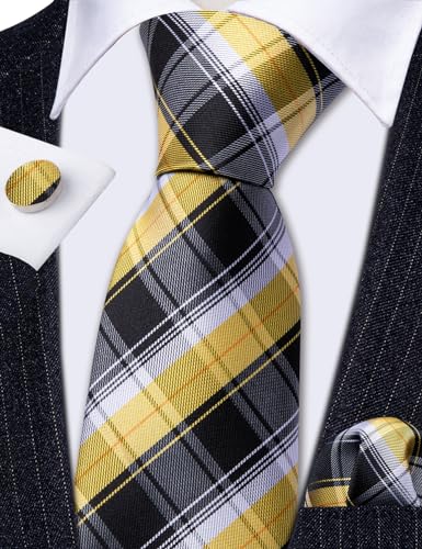 Image of Barry.Wang Man Plaid Ties Silk Check Woven Pocket Square Cufflinks Party Ceremony Yellow