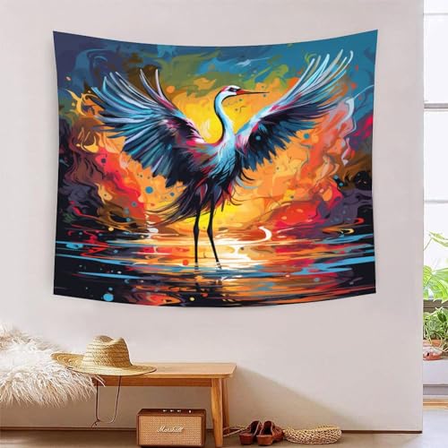 Tapisserie grue couronnée rouge 3D grand format tissu déco chambre salon