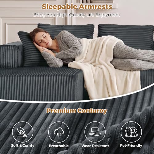 Image of 132 inch Boneless Couches for Living Room, U Shaped Modular Sectional Corduroy Comfy Cloud Memory Foam Deep Seat Boneless Sofa, No Assembly Required Couch for Living Room with Double Chaise, Gray