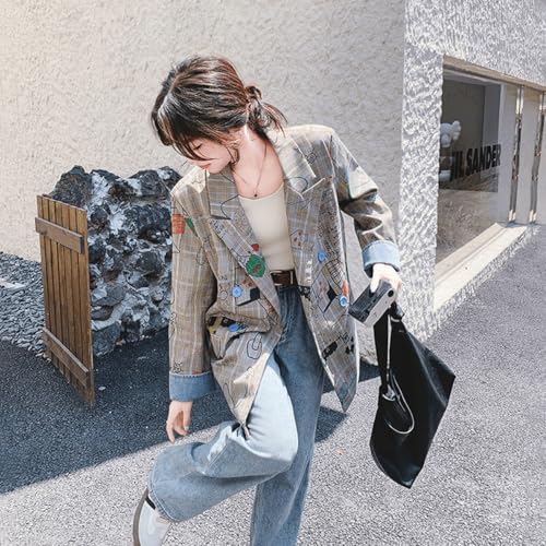 Women's casual long sleeved graffiti sports jacket, women's Korean checkered printed suit jacket3