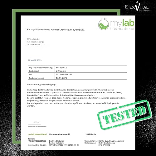 EXVital® L-Theanin, 180 vegane Kapseln, 400 mg L-Theanin pro Kapsel, aus Grüntee Blattextrakt, L-Theanine Aminosäure, vegan & ohne Zusätze, laborgeprüft