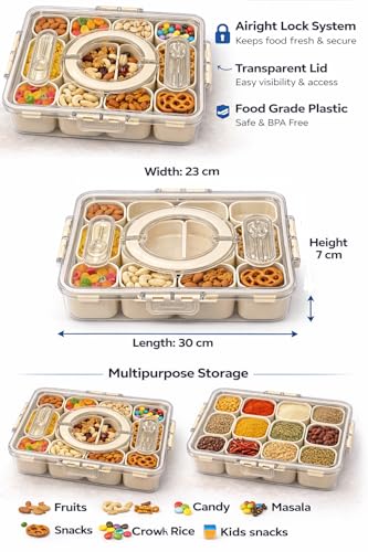 Image of Vasukie Divided Fridge Storage Boxes With 4 Serving Veggie Tray with Lid and Handle, Fridge Organizer with Removable 4 Compartment, Fridge Storage Containers (12 Compartment-1PC)