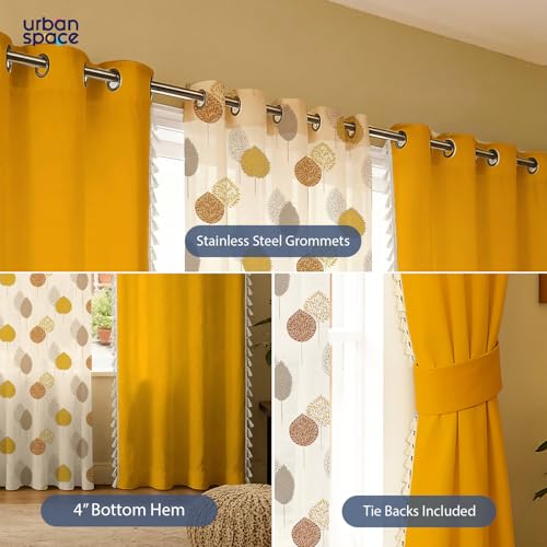 Image of Urban Space Printed 100% Cotton Curtain for Window, Cotton & Sheer Combo Set of 3 Curtains 5 Feet Long, Tieback & Eyelets Included with Curtains for Room Darkening (Drops Mustard Sheer & Aura Yellow)