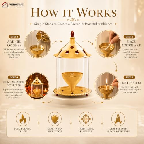 Image of Akhand Jyot Brass Diya - Traditional Akhanda Deepam with Oil Chamber & Protective Glass Cover - Long-Lasting Brass Diya for Puja & Festival Decor(Medium)