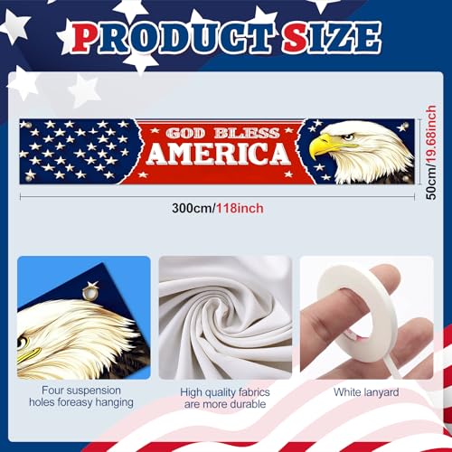 Image of BlissYard God Bless America Banner Patriotic 4th of July Decorations 118 x 20 inch Eagle National Independence Day Yard Sign Banner for Yard Fence Porch, Independence Day Decorations