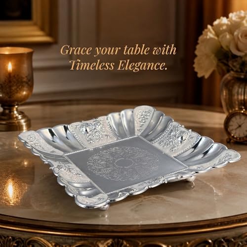 Image of Diviniti Silver German Silver Decorative Tray for Home Decor | Luxury Square Silver Plated Serving Tray for Dry Fruits, Sweets & Fruits | Floral Embossed Gift Platter with Box