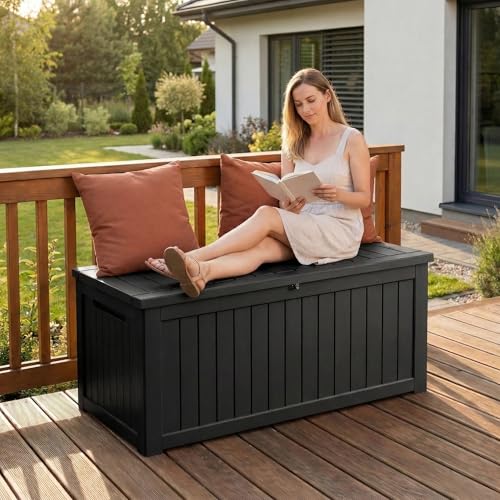 Image of Large 231 Gallon Resin Deck Box, Heavy Duty Lockable Patio Storage Box Outdoor, Waterproof Tool Box for Garden Furniture Cushions & Pool Supplies, Wood Grain Outdoor Storage Bench for Backyard
