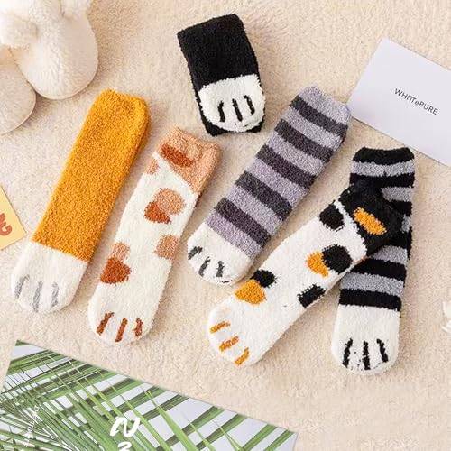 6 Paare Flauschige Katzensocken, Dicke Wintersocken Haussocken, Warme Bettsocken Haussocken, Saugfähig Cat Paw Socken, Atmungsaktiv Kuschelsocken Damen, Katzenpfoten Socken Kinder für Frauen Mädchen