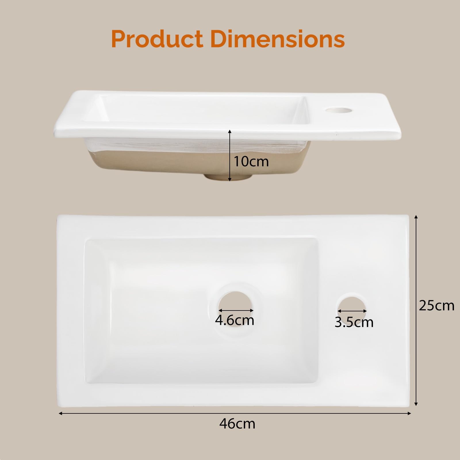 Bonnlo Meuble Salle de Bain Mural avec Vasque en Céramique, Meuble de Rangement Complet Suspendu avec Lavabo en Couleur Noyer, Petit Meuble pour WC, 46 x 26 x 51 cm