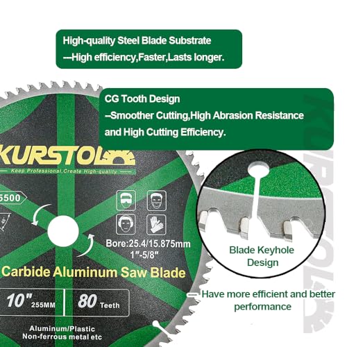 Image of Metal Circular Saw Blade - 10 Inch 80T TCG Aluminium Cutting Blade with 1 inch Arbor and 5 /8 inch Washer for Aluminum, Non-Ferrous Metal, Plastic