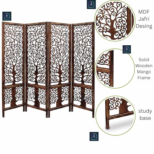 Image of Wooden Room Partition /Screen /Room Divider /Room Separator Traditional Handicrafts 6Ft (Dark Brown) (Tree 4 Panel)