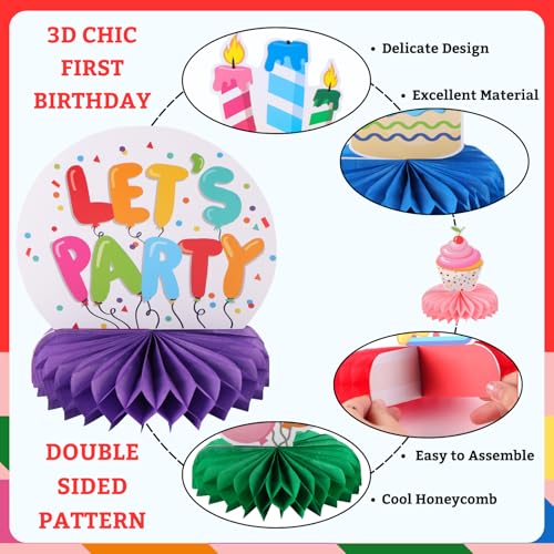 Image of 9pcs Colorful Happy 1st Birthday Honeycomb Centerpieces Colorful First Birthday Party Decorations Let's Party Tabletop Centerpieces Baby Shower One Year Celebration Table Topper Sign Decors