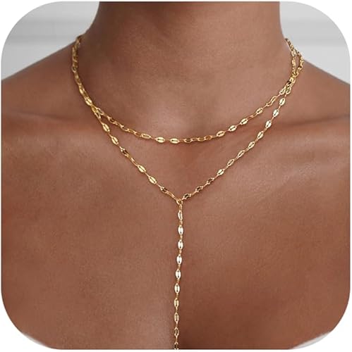 Collar de oro para mujer, delicados collares largos chapados en oro de 14 quilates, barra de graduación, collar de lariat de circonita cúbica,