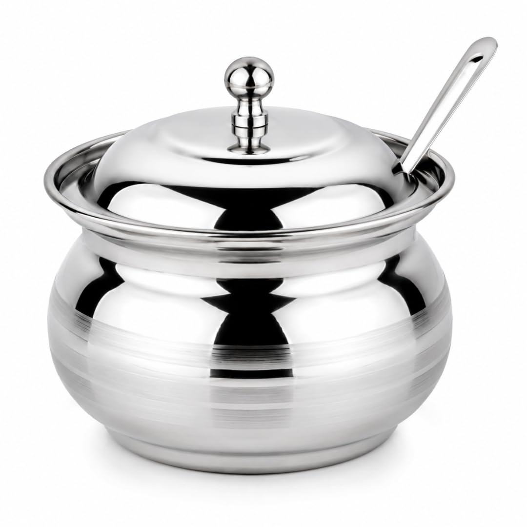 BIGNAY Stainless Steel Ghee Pot with Lid & Spoon | Multipurpose Storage Container for Ghee, Oil, Butter, Pickles & Condiments for Kitchen & Dining Table (Ghee Pot 200 ml)