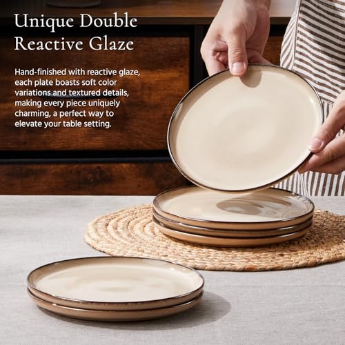 Image of E-far 8 inch Ceramic Salad Plates Set of 6, Reactive Glaze Stoneware Dishes, Round Dessert Plate for Home Kitchen Restaurant, Microwave & Dishwasher Safe - Sandy Beige