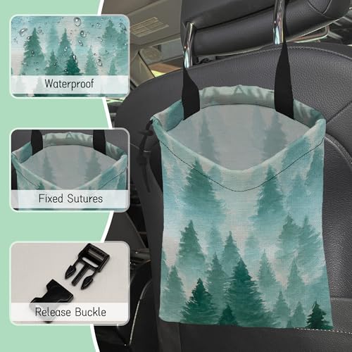 Image of Foggy Forest Car Garbage Bag,Watercolor Forest Waterproof Small Car Trash Bag Hanging Back of Seat,Drawstring Hanging Car Trash Bag with Adjustable Buckle for Car Accessories