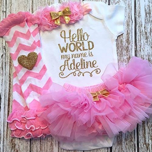 Take Home Outfit Baby Girl Outfit Personalized Name Hello World My Name Is Optional Tutu Bloomers Headband And Leg Warmers (Light Pink + Gold) #TOP1