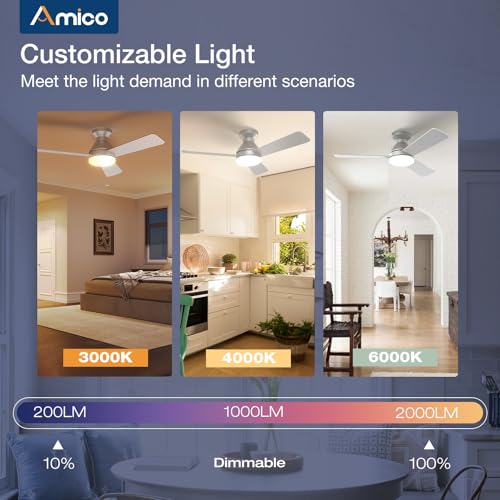 Amico Ceiling Fans with Lights, 42 inch Low Profile Ceiling Fan with Light and Remote Control, Flush Mount, Reversible, 3CCT, Dimmable, Noiseless, Silver Ceiling Fan for Bedroom, Indoor/Outdoor Use - Thumbnail 6