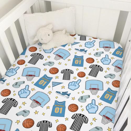 Image of Funny Basketball Baby Crib Sheet 52''x28'' Basketball Sports Snug Fitted Crib Mattress Cover for Boy Girl Basketball Balls Hoop Uniform Soft Nursery Baby Sheets for Standard Crib Toddler Mattress