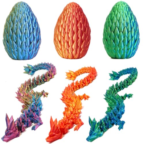 POIVOCF 3PCS 3D Printed 12” Articulated Crystal Dragon Inside 5.1” Egg – Fantasy Collectible, Fidget Toy & Stocking Easter Basket Stuffers for Home & Office Decor (3PCS-Egg)