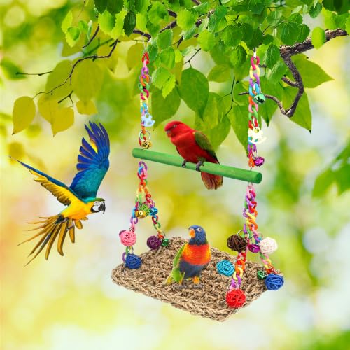 Image of Bird Swing Mat with Wood Perch, AHIER Seagrass Bird Hammock for Conures with Chewing Toy for Parakeets, Budgie, Cockatiel Cage Accessories (Green Pole)
