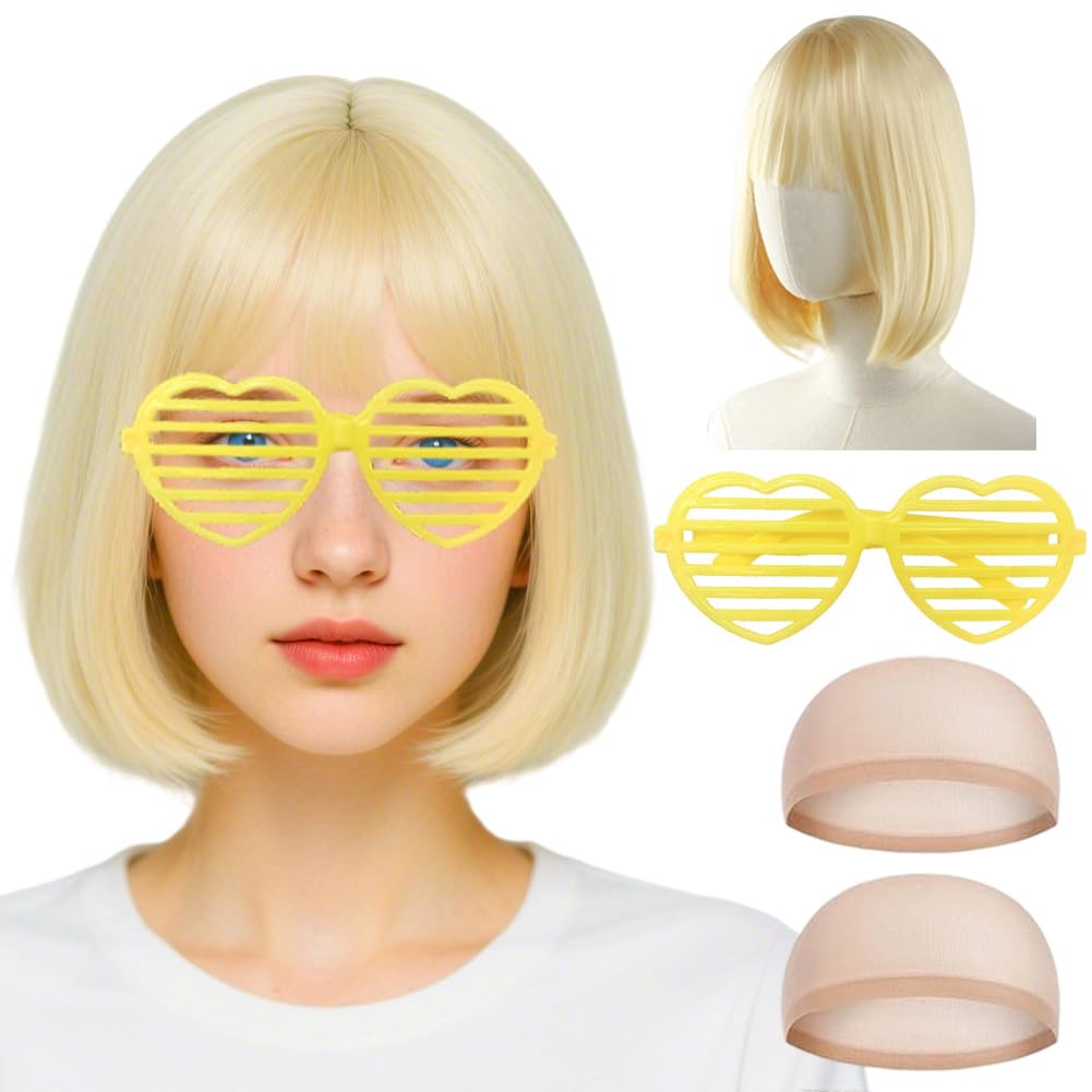 SWZY Short Bob Wigs For Women,4pcs Blonde Bob Wig With Sunglass And Wig Cap,Fancy Dress Synthetic Straight Bangs Wigs For Women Natural Looking For Daily Use - Image 2