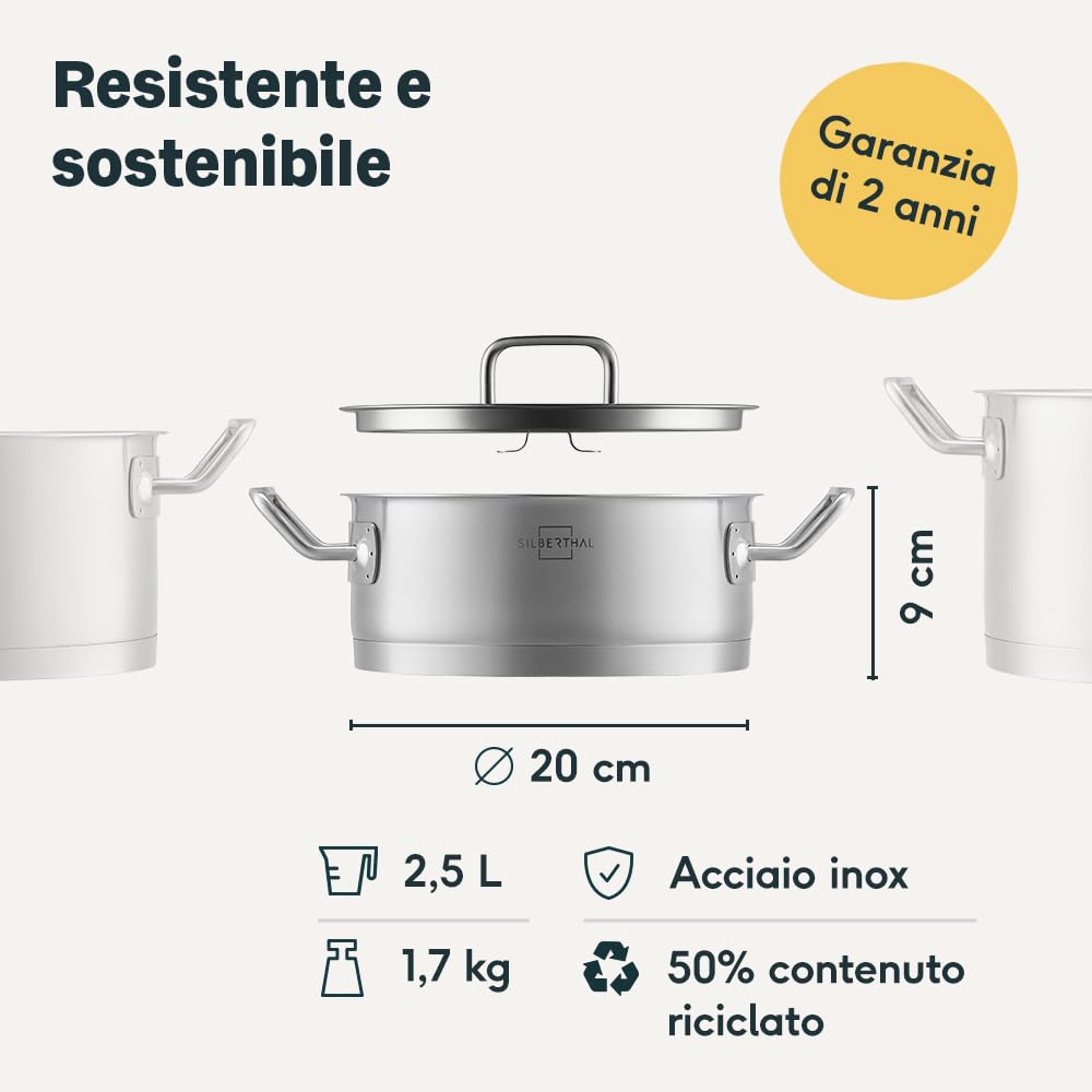 SILBERTHAL Casseruola induzione 20 cm - Acciaio inox - Pentola con coperchio di vetro - Triplo fondo