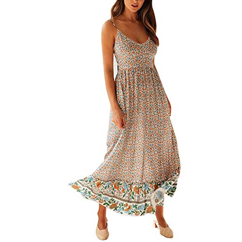 Womens Boho Beach Dress Floral Spaghetti Strap Sleeveless V Neck A line Swing Casual Sundress Beachwear (Beige, S)