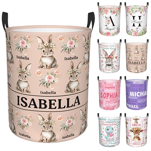 Image of Custom Name Laundry Hamper, Personalized Rabbit Laundry Basket with Name for Boys Girls Kids Men Women, Customized Name Dirty Clothes Basket Gifts for Clothes Toy Bathroom Bedroom Laundry Room Dorm