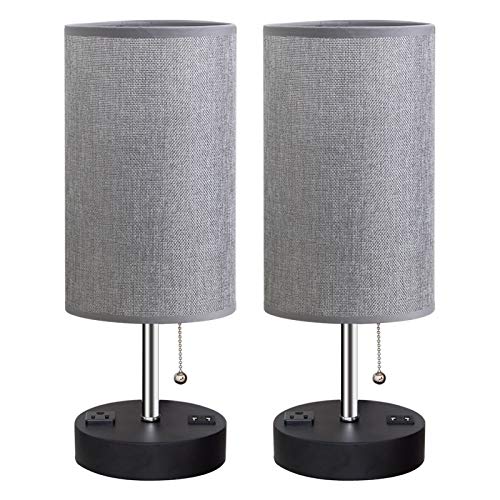 Lifeholder Table Lamps, Gray Nightstand Lamp Built in Dual USB Charging Port & A Power Outlet, Cylinder Desk Lamps Perfect for Bedroom, Living Room or Office(2 Packs)