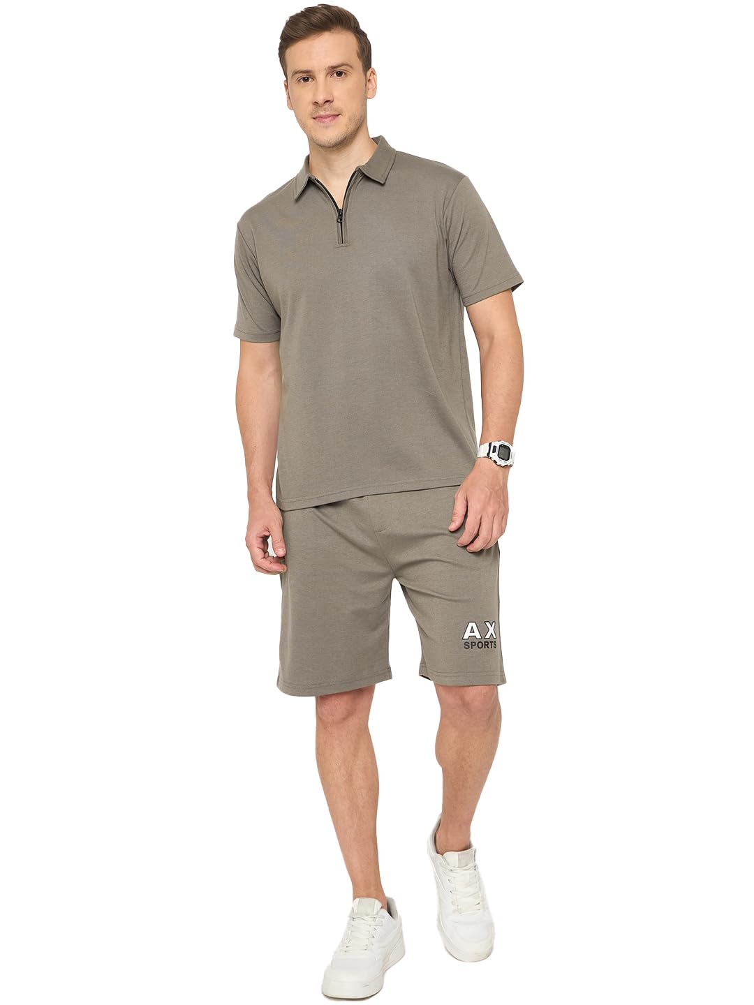 auxamis Men Solid Collared Neck Half Sleeve Cord Set-AJCS02-GREY-picture-11