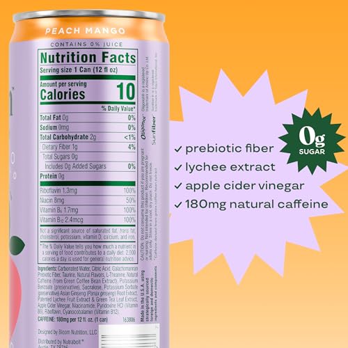 Image of Bloom Nutrition Sparkling Energy Drink, Peach Mango | Zero Sugar | 180mg Caffeine | For Focus | 24 Pack