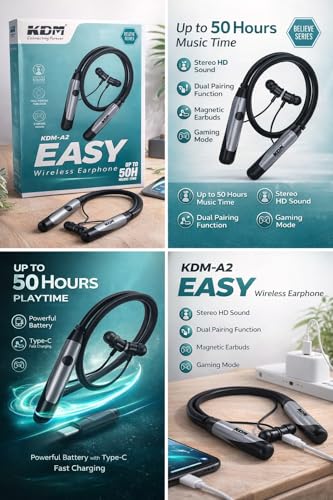Image of KDM A2 Easy Bluetooth 5.4 Neckband Earphones, 50 Hours Playback, Type-C Charging, IPX4 Waterproof, Gaming Mode, Red